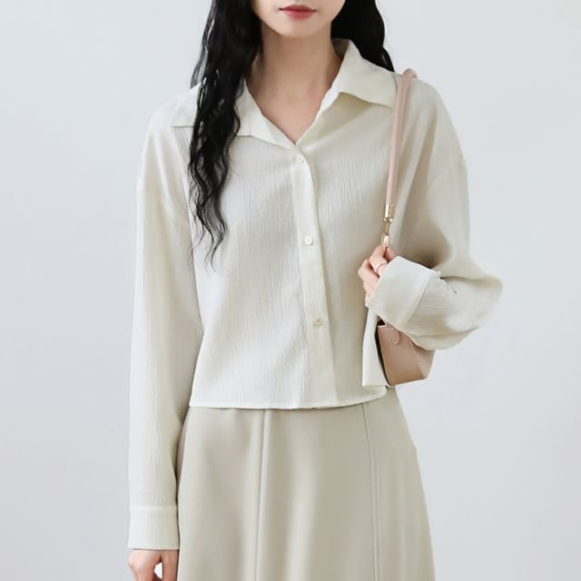 Magimomo-Long-Sleeve Plain Crop Shirt