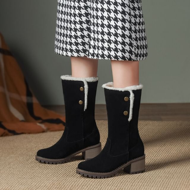 Niuna-Chunky Heel Fleece-Lined Buttoned Short Boots