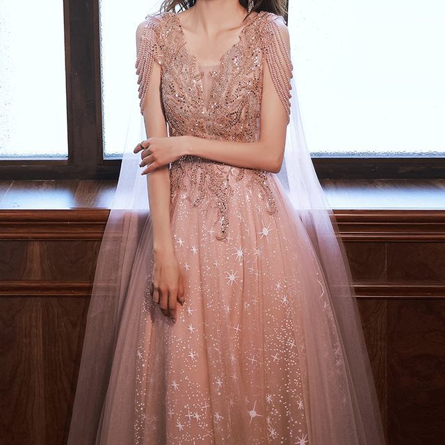 LEFFA - Short-Sleeve V-Neck Sequin Trained Maxi A-Line Evening Dress | YesStyle LEFFA - Short-Sleeve V-Neck Sequin Trained Maxi A-Line Evening Dress | YesStyle