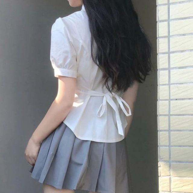 Happo-Short-Sleeve Collared Plain Tie Back Button-Up Crop Blouse