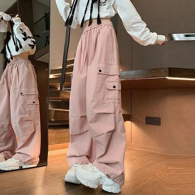 Dovitade-High Waist Plain Wide Leg Cargo Pants