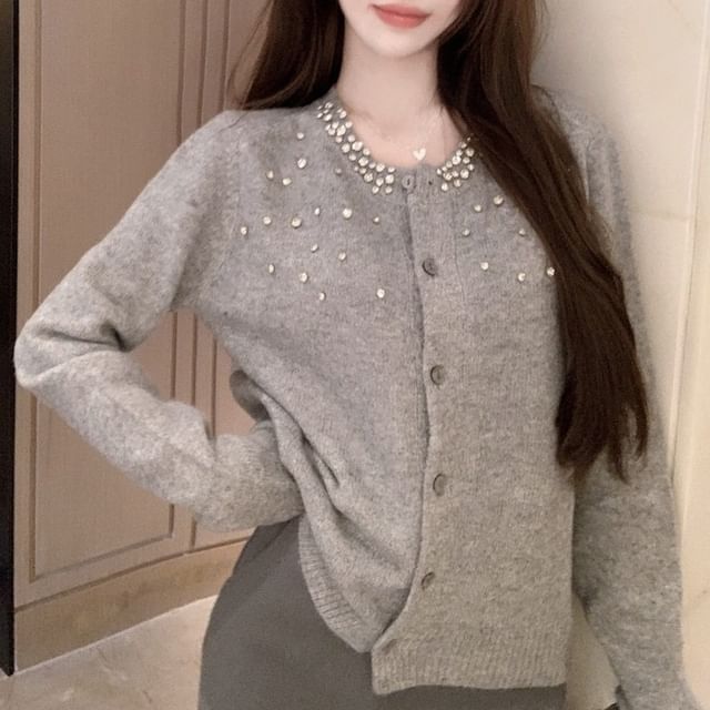 Ukiyo-Rhinestone Plain Button-Up Cardigan