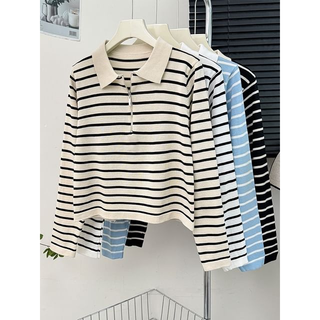 Lemongrass-Striped Zip-Up Polo Shirt