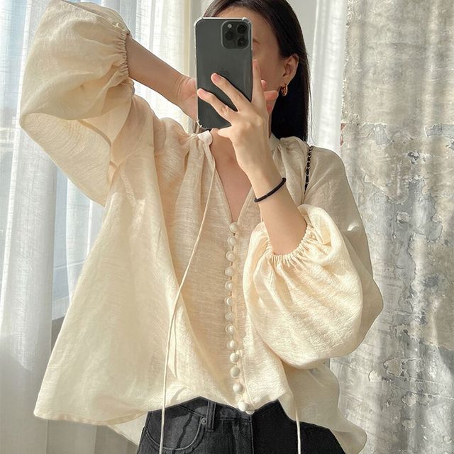 Everose-Long-Sleeve V-Neck Plain Blouse