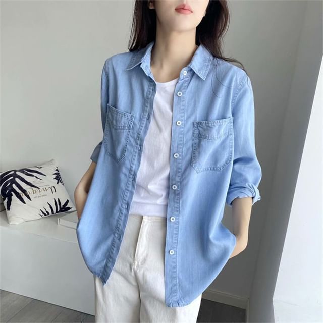 INEN-Long-Sleeve Pocketed Denim Shirt