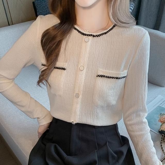 Dragan Pulse-Long Sleeve Crew Neck Contrast Trim Button Top