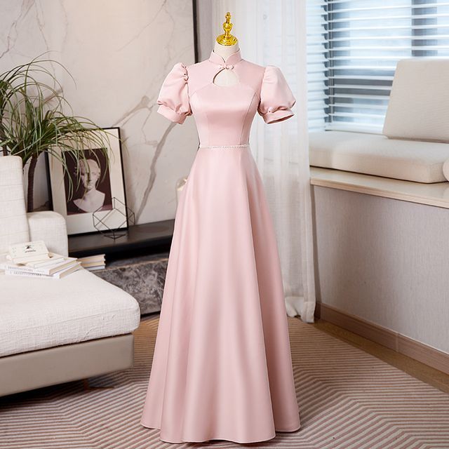 Keiko Girl - Puff-Sleeve Mock Neck Plain Cutout A-Line Evening Gown |  YesStyle