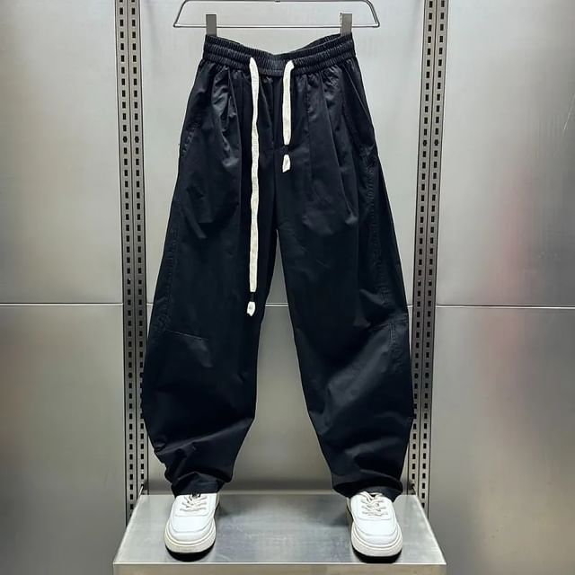 fluffush-Drawstring Waist Plain Barrel Leg Pants
