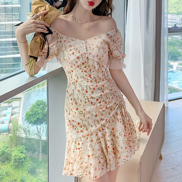 Women's Floral Printing Slim Fit Knee Length Dress Chiffon A-Line  Korean Fashion | eBay