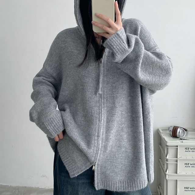 Cossita-Hooded Plain Oversized Zip Up Cardigan