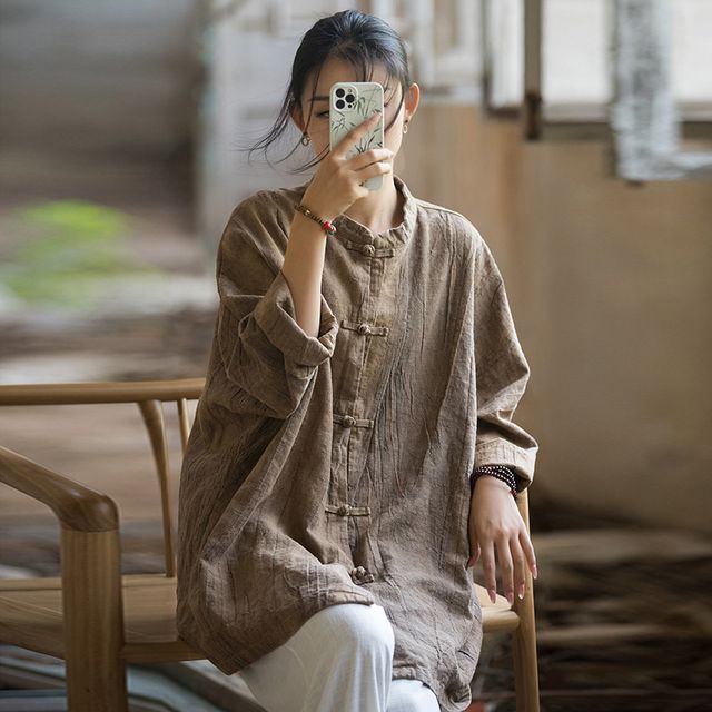 Lewwe-Stand Collar Tie Dye Frog Buttoned Oversized Ramie Shirt