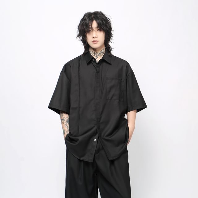 Derbundy-Short Sleeve Collared Striped Shirt