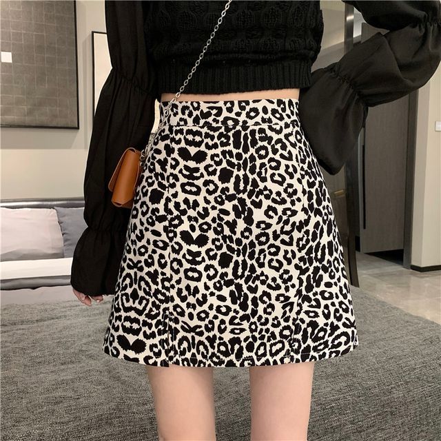 Everose-High Rise Leopard Print Slit Mini A-Line Skirt