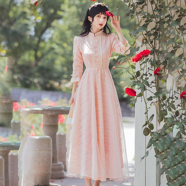 chinese dress ladies Blush Lace Collar Vintage Dress – Elegant Cottagecore main image 0