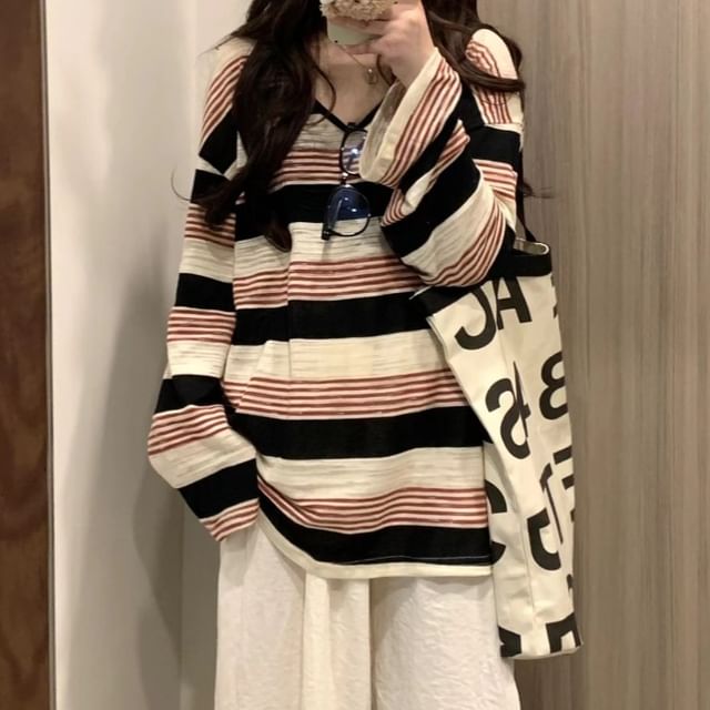 monroll-Long-Sleeve V-Neck Striped T-Shirt