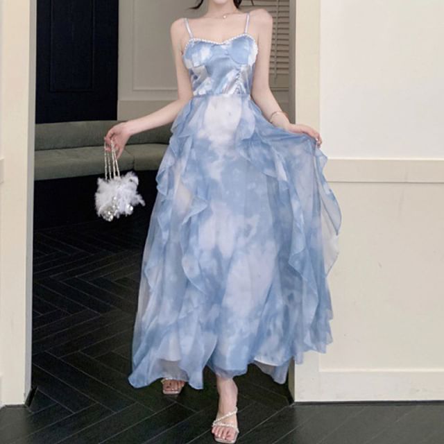 Spaghetti Strap Tie Dye Ruffle Hem Chiffon Maxi Sun Dress Spaghetti Strap Tie Dye Ruffle Hem Chiffon Maxi Sun Dress