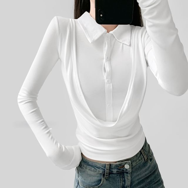 LIVIE-Long Sleeve Collared Plain Mock Two Piece Button Top