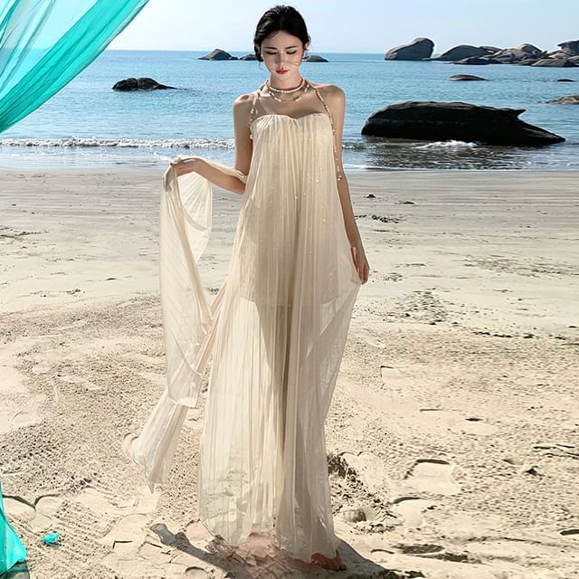 Juuri-Spaghetti Strap Sheer Maxi A-Line Dress
