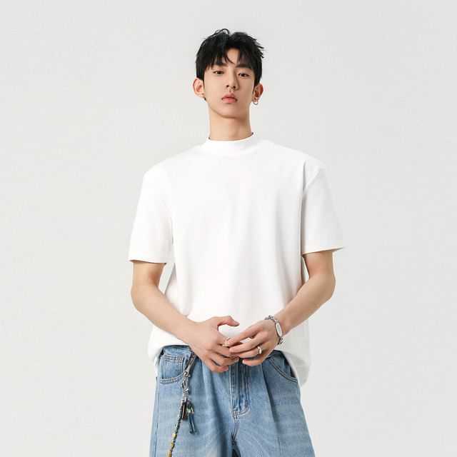 Omozando-Short Sleeve Mock Neck Plain T-Shirt