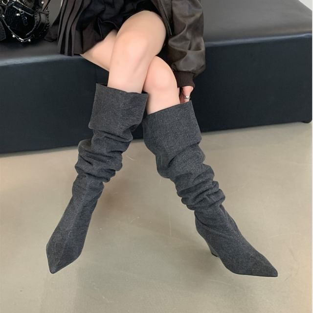 Niuna-Pointed Toe Ruched Wedge Knee High Boots