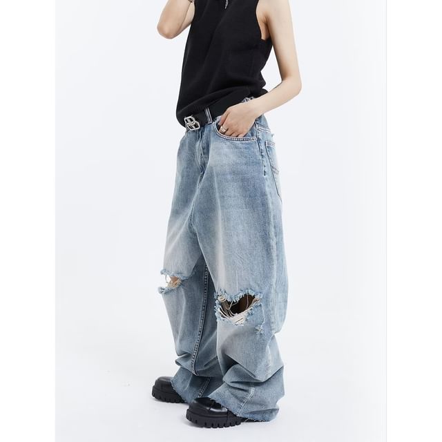 Mid Rise Washed Distressed Wide Leg Jeans