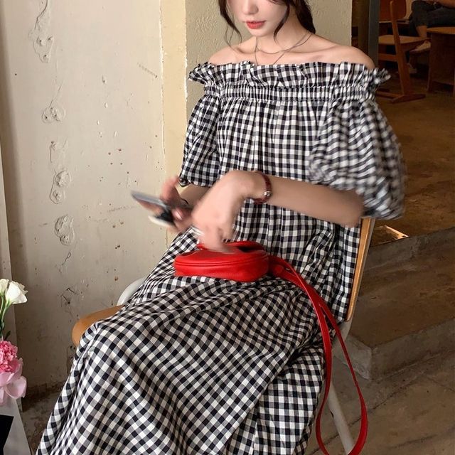 black and white plaid off the shoulder dress Marinto - Elbow-Sleeve Off Shoulder Plaid Dress