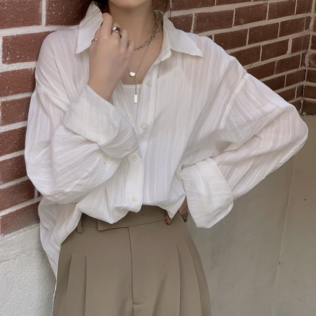PERKARP-Long-Sleeve Collared Striped Shirt