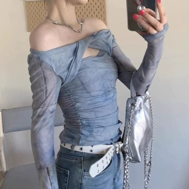 Essere-Long-Sleeve Off Shoulder Cutout Top