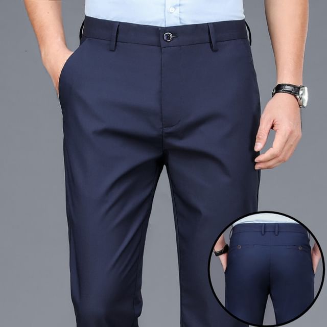 Acrius-Mid Rise Plain Straight Leg Dress Pants