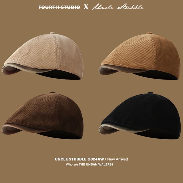 FROME-Faux Leather Panel Corduroy Flat Cap