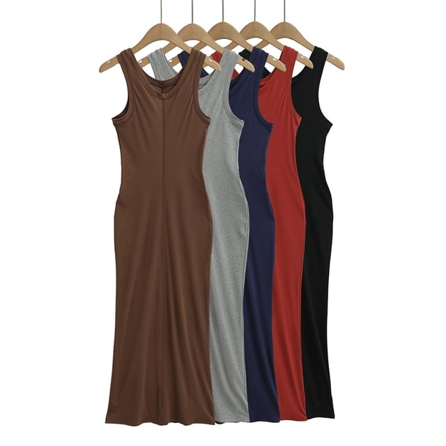 Ulark-Scoop Neck Plain Maxi Tank Dress