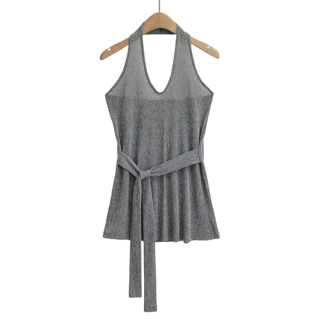 Ulark-V-Neck Glitter Tie-Waist Halter Top