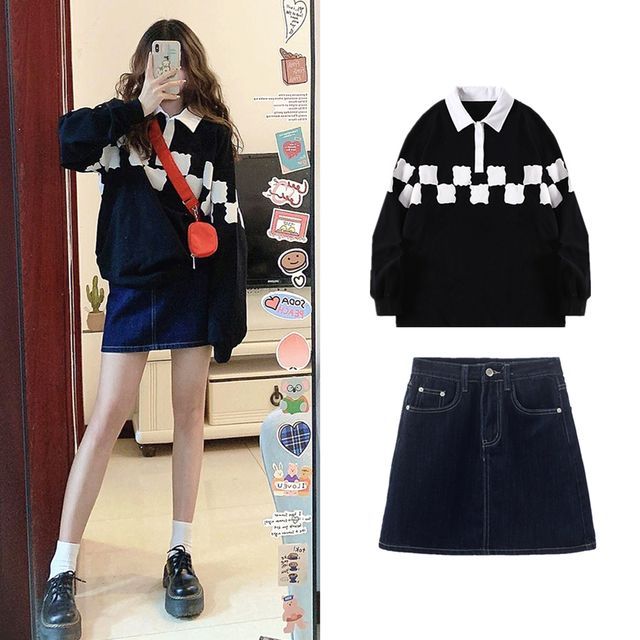 Leoom Long-Sleeve Two Tone Polo Shirt High Waist Denim Mini A