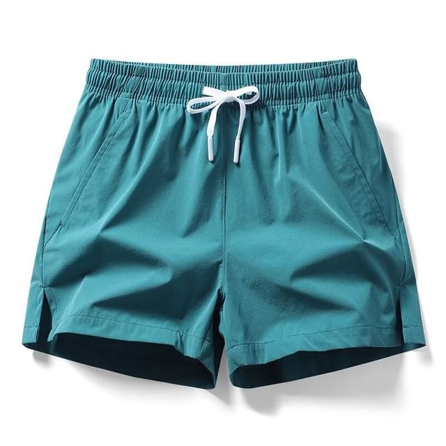 Cowpow-Drawstring Waist Plain Slit Shorts