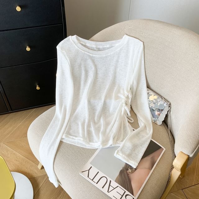 Dragan Pulse-Long Sleeve Crew Neck Plain Drawstring Slit T-Shirt