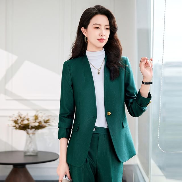 Skyheart-One Buttoned Plain Blazer Slacks Set