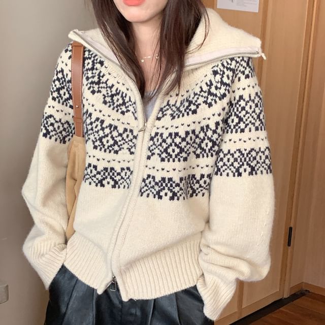 Jesong-Jacquard Zip-Up Cardigan