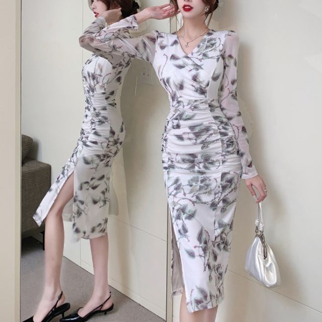 Princess Road Long-Sleeve V-Neck Floral Print Midi Bodycon Dress