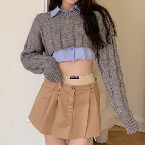 monroll - Plain Crop Shirt / Crew Neck Cable-Knit Cropped Sweater