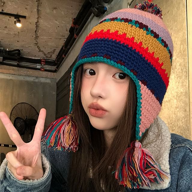Pompabee-Tassel Striped Earflap Beanie