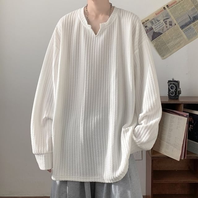 Lingaris-Notch Neck Plain Ribbed Oversized Sweatshirt