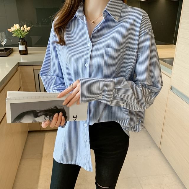 Sienne-Long Sleeve Collared Striped Button Up Shirt