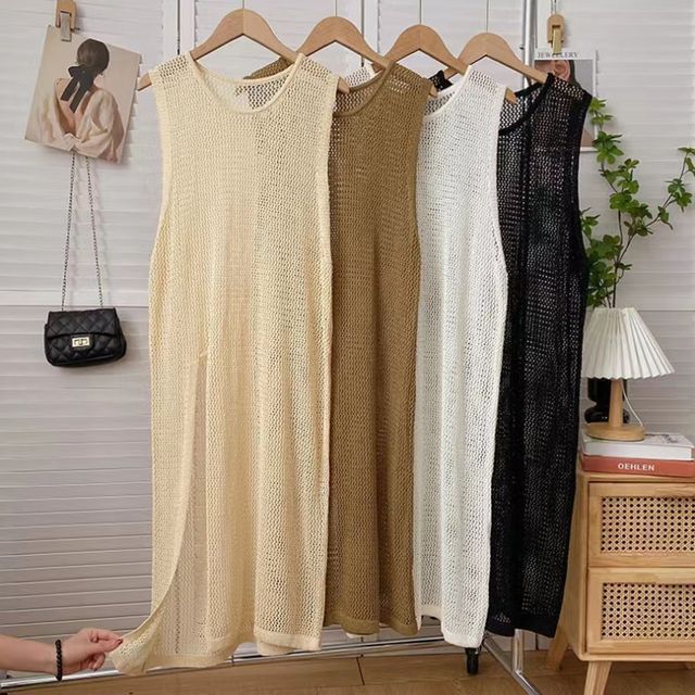 Happo-Sleeveless Round Neck Plain Slit Knit Long Top