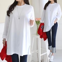 Seoul Fashion - Crew-Neck Plain Long T-Shirt Seoul Fashion - Crew-Neck Plain Long T-Shirt