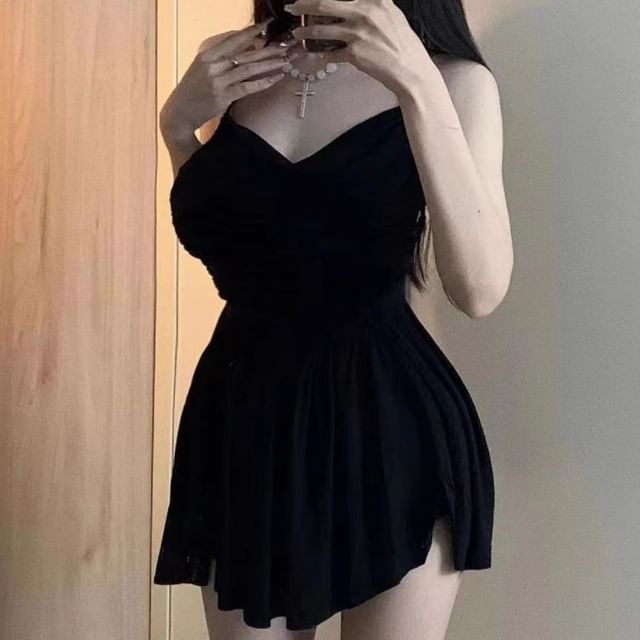 Ukiyo-Spaghetti Strap Plain Asymmetrical Mini A-Line Dress