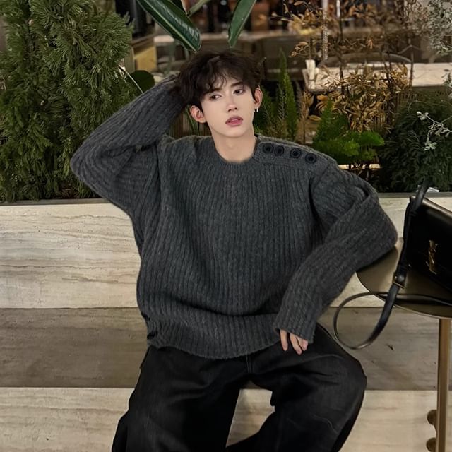 emeisa-Crew Neck Plain Ribbed Sweater
