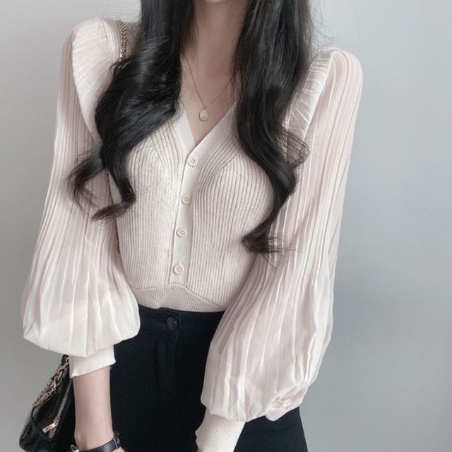 Mikiko-Puff-Sleeve Knit Blouse
