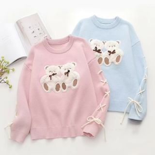 PANDAGO Crewneck Bear Applique Sweater / Long-Sleeve Shirt Set Sale