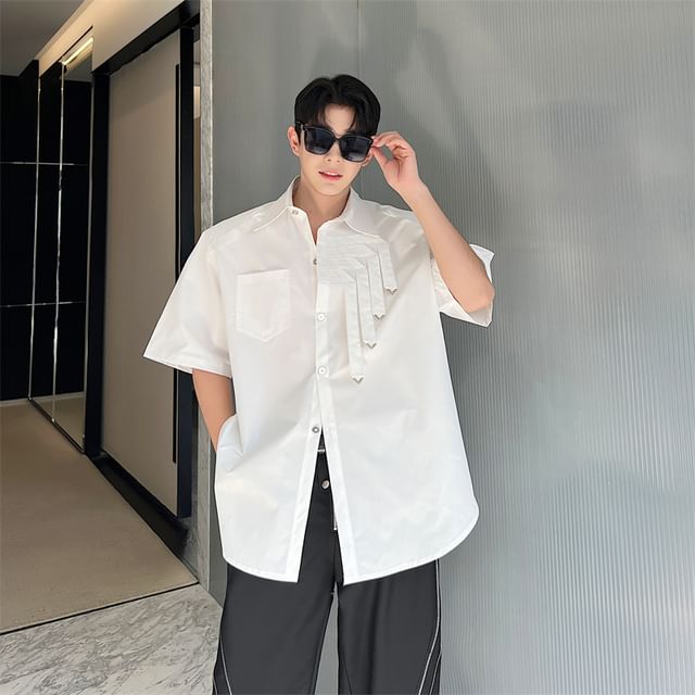 Drawouf-Elbow-Sleeve Fringed Button-Up Plain Shirt