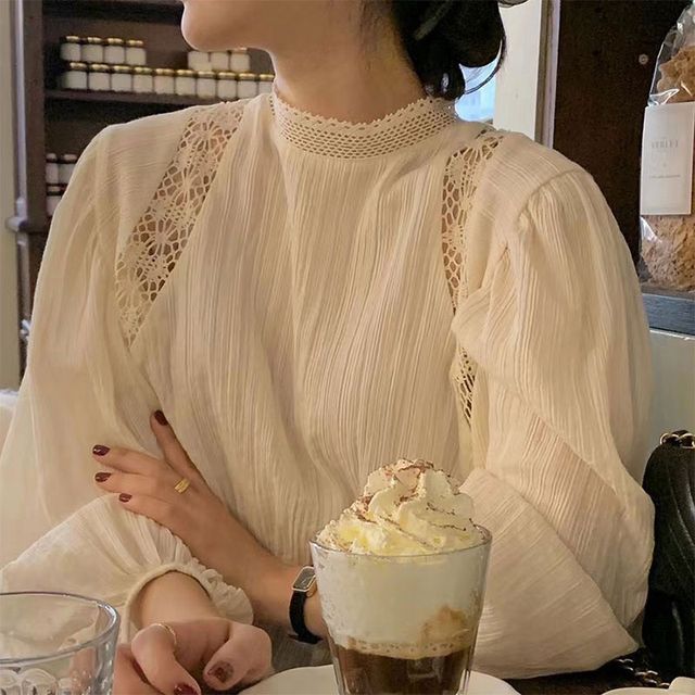 Everose-Long-Sleeve Stand Collar Plain Panel Crochet Lace Blouse